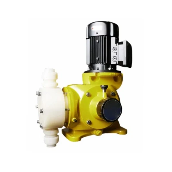 Bomba dosificadora mecánica de motor, con cuerpo amarillo, cabezal de plástico y perilla de ajuste de carrera (imagen de referencia)