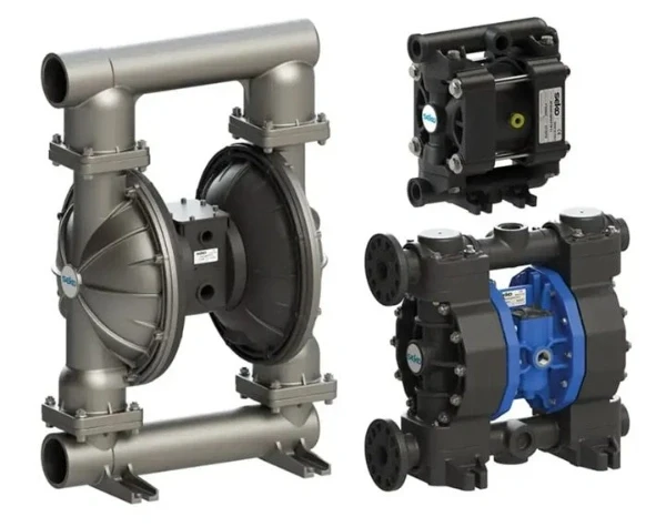 Tres bombas neumáticas de doble diafragma, una de cuerpo metálico y dos de plástico (imagen de referencia)