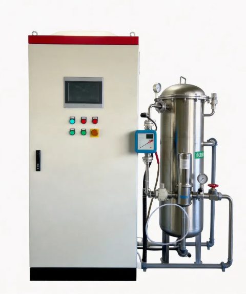 Generador de ozono industrial con gabinete, pantalla de control y tanque de contacto en acero inoxidable