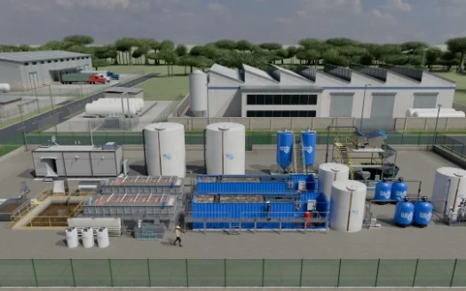 Render de una planta de tratamiento de aguas residuales (PTAR) diseñada por SAI WATER