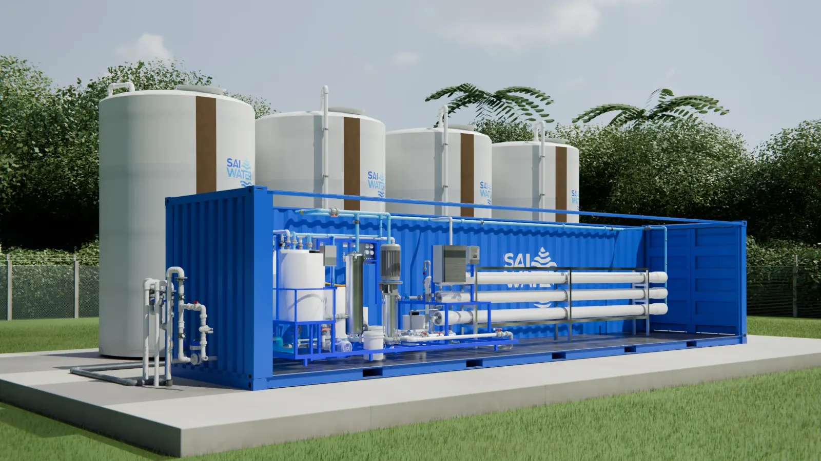 Sistema de ósmosis inversa industrial en contenedor con tanques de almacenamiento — render SAI WATER