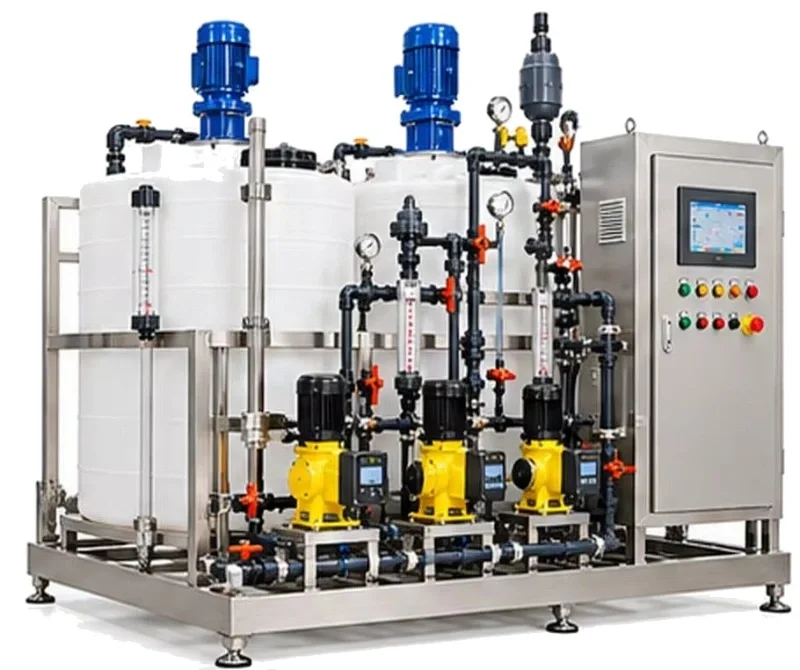 Skid de dosificación de químicos en acero inoxidable con dos tanques con agitador, tres bombas dosificadoras y tablero de control con pantalla táctil