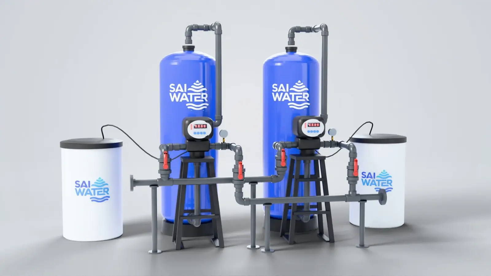 Render de un suavizador de agua dúplex SAI WATER: dos tanques de resina con válvulas automáticas, tubería de PVC y dos tanques de salmuera