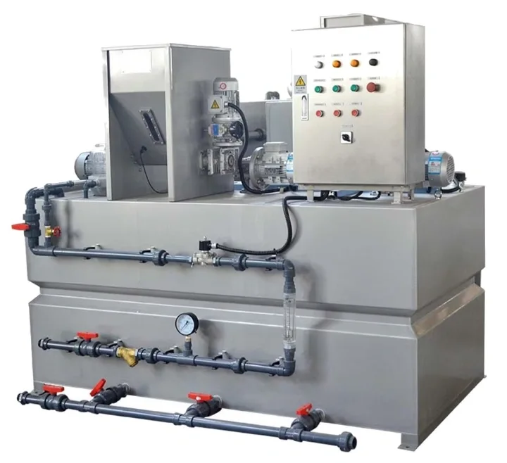 Unidad automática de preparación y dosificación de polímero en acero inoxidable, con tolva, agitadores, tablero de control y tubería de PVC